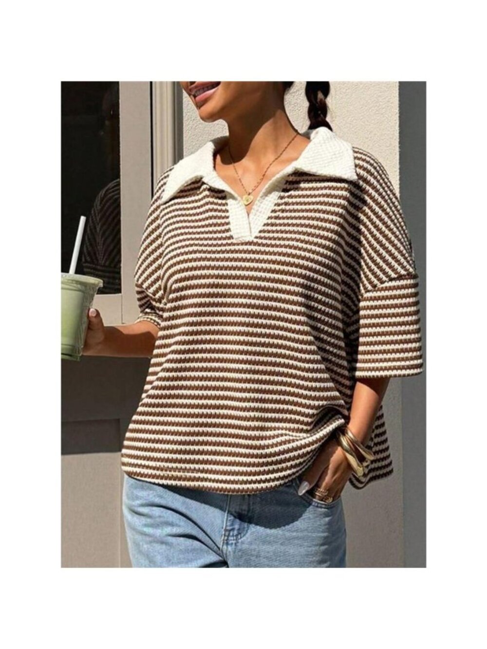 Striped Knit 3/4 Sleeve Polo Top